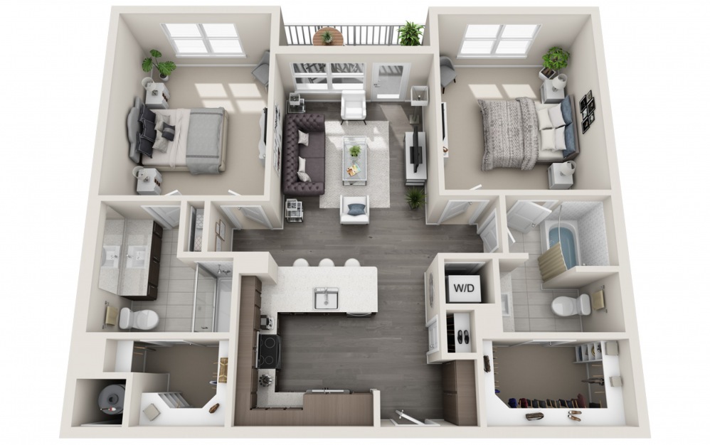 Sunnel  - 2 bedroom floorplan layout with 2 baths and 1107 square feet. (2D)