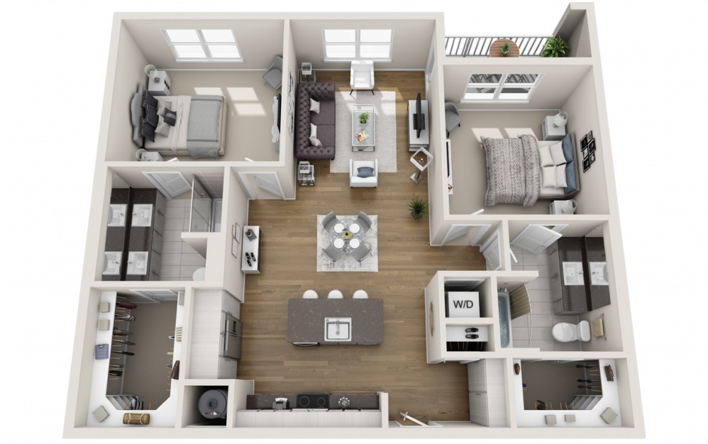 Wagher  - 2 bedroom floorplan layout with 2 baths and 1168 square feet. (2D)
