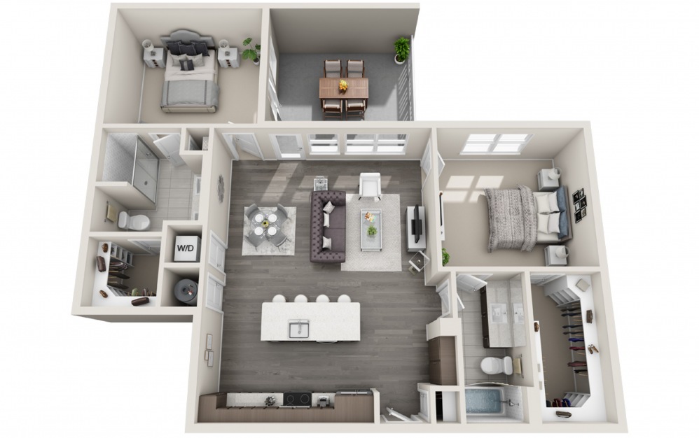 Donnelly  - 2 bedroom floorplan layout with 2 baths and 1219 square feet. (2D)