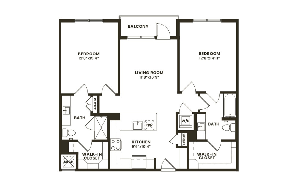 B1 - 2 bedroom floorplan layout with 2 baths and 1107 square feet. (2D) B1 - 2 bedroom floorplan layout with 2 baths and 1107 square feet. (2D)