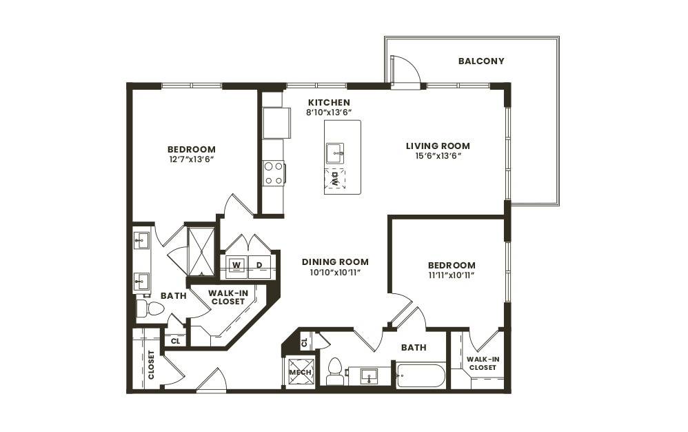 B3 - 2 bedroom floorplan layout with 2 baths and 1113 square feet. (2D) B3 - 2 bedroom floorplan layout with 2 baths and 1113 square feet. (2D)