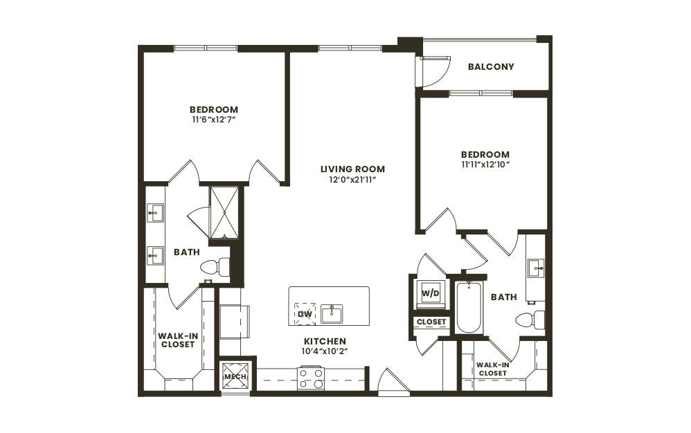 B4 - 2 bedroom floorplan layout with 2 baths and 1168 square feet. (2D) B4 - 2 bedroom floorplan layout with 2 baths and 1168 square feet. (2D)