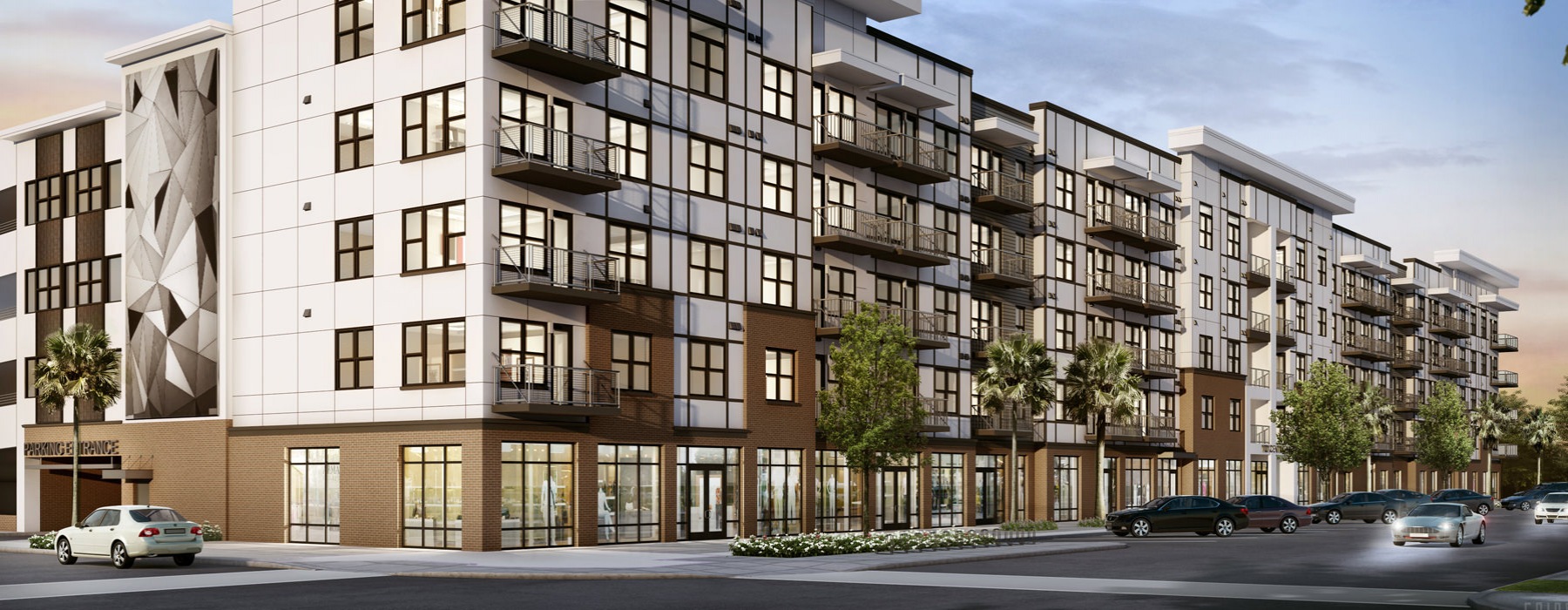 Exterior rendering shows 5 stories